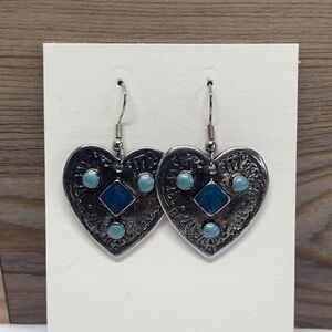 Heart shaped silver tone and blue fashion dangle earrings